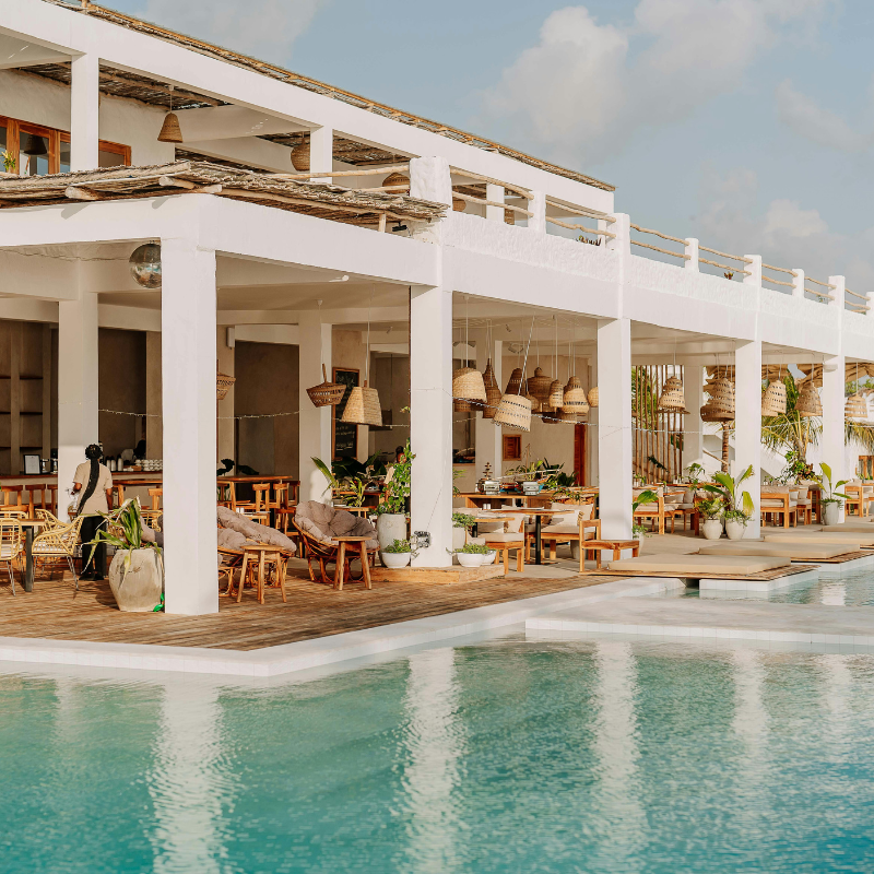 A luxury hotel with a swimming pool. 