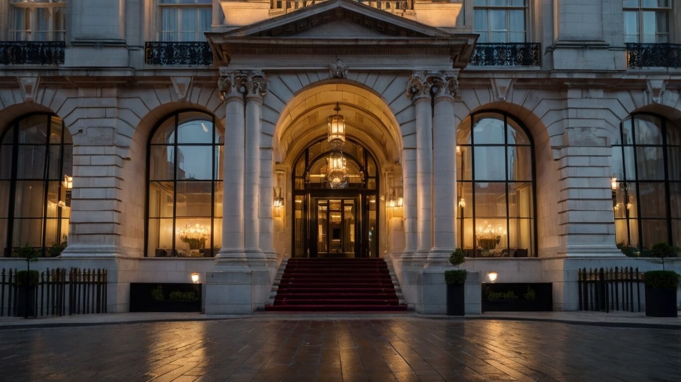 Luxury five-star hotel in London with a grand neoclassical entrance, arched windows, Corinthian columns, and a red-carpeted staircase illuminated by warm golden lighting