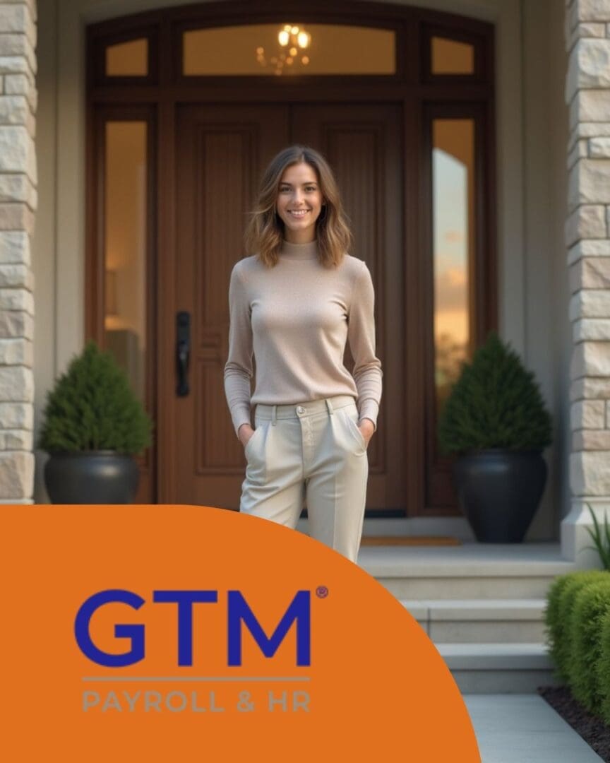 Professional female nanny standing in front of an upscale American suburban home, smiling warmly. Represents GTM Payroll & HR partnership for household payroll and nanny tax services.